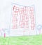 Children\\\'s drawing of multi-storey building drawn in pencils