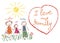 Children`s drawing with pencils family, mom, dad, me. Heart with the phrase I love my family