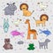 Children`s drawing set of animals. Hippopotamus, lion, dog, fish, bird, bear cub, giraffe, frog, rabbit