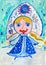 Children`s drawing. Snow Maiden with long braid in the headdres