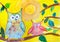 Children`s drawing. Two owls sitting on branch