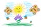 Children`s drawings of insects, the sun and flowers. The child draws summer