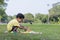 Children\\\'s Easter activities at outdoor.