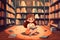 Children\\\'s education lifestyle learning concept with school girl kid reading book sitting on the floor of bookstore