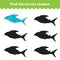 Children`s educational game, find correct shadow silhouette. Shark, set the game to find the right shade. Vector illustration