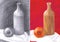 Children`s educational still life `Ceramic Large Bottle and Orange`. Drawing and painting