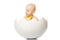 Children`s Emotions. baby with a yellow butterfly in egg on white background. Kinder Surprise. Cute little boy in egg shell.