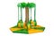 Children`s entertainment playground, recreation park. Place for children`s games. Kids carousels, swings, in form palm tree, und