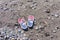 Children`s flip flops on the beach. Copy space. Tourism and vacation concept