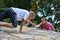 Children`s friendship, helping hand in trouble, brother and sister climb mountain