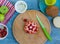 Children`s fun food.Sandwich in the form of a flower out of strawberries for kids breakfast.Step-by-step recipe for cooking dishe