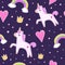 Children`s funny colorful seamless pattern with cute unicorn, heart, rainbow, decorative elements on a neutral background. vector.