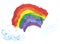children\\\'s gouache drawing - rainbow with clouds Draw using colors