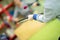 Children`s hand drum musical instrument. Shallow depth of field