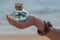 Children`s hand holding a bottle with the ocean and rocks inside