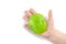 Children`s hand holding a green slime toy. View from above.