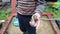 Children`s hand holds a snail.