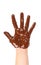 Children\'s hand stained with chocolate frosting.