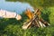 Children`s hand sticks a wooden branch in a burning bonfire by the river in the summer