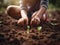 Children\\\'s hands on the garden plant seedlings. Created by AI