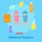 Children s health and hygiene icons banner vector illustration. Baby boy and girl characters with nipple. Accessories