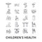 Children`s health, kids, eating healthy, doctor, playing, happy, nursery line icons. Editable strokes. Flat design