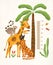 Children`s height wall chart in centimeters decorated with tropical palm tree, jungle plants and funny cartoon exotic