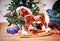 Children`s hobbyhorse on the christmas tree background
