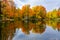 Children`s house in autumn foliage reflected in pond in Alexander park, Tsarskoe Selo Pushkin, St. Petersburg, Russia