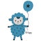 Children`s illustration of a cute joyful blue sheep holding a balloon and hand lettering `Be happy` on a white background.