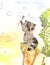 children\\\'s illustration. raccoon blows soap bubbles