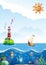 Children\'s illustration of sea with lighthouse, sailing and fun fish