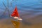 Children`s model of a sailing vessel with a scarlet sail on the water as a symbol of the dream of the sea