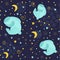 Children`s pattern sleeping Bunny in the sky. Blue rabbit in the night sky, where the stars are shining, a big bear. For textiles,