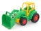 Children`s plastic toy, yellow-green bulldozer isolated on white