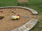 Children`s playground with sandbox and toys, relaxation park. Familie place.