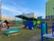 Children`s playground. Slide for children, sandbox, gazebo. Equipped children`s playground