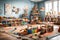 A children\\\'s playroom filled with toys, games, and a colorful play mat, all neatly organized for creative playtime