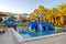 Children`s pool with children`s water slides in a 5-star hotel.