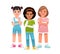 Children\\\'s problems. Three little girls have questions. Portrait of thoughtful schoolchildren.