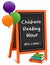 Children`s Reading Hour, Chalkboard Easel Sign, Books, Balloons
