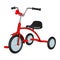 Children`s red tricycle with black seat and steering wheel, with rubber pneumatic hooters in front,