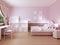 Children`s room for girls in classic style in light pink colors and white furniture