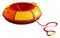 Children`s round inflatable sledges tubing for winter driving from a hill, red-yellow