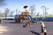 Children's safe wooden playground recreation area at seaside public park