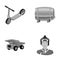 Children`s scooter, wooden barrel and other monochrome icon in cartoon style. dump truck, Mongolian warrior icons in set