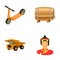 Children`s scooter, wooden barrel and other web icon in cartoon style.