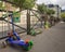 Children\'s scooters are locked to school yard fence in Paris