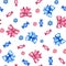 Children's seamless pattern with cute blue and red candies and bows and daisies. Handmade watercolor
