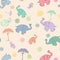 Children`s seamless pattern with elephants and trees, fruits.